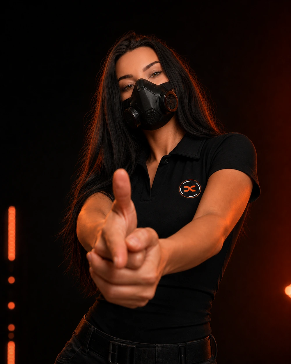 DALZYANI in a black XFACTION polo and orange-accented mask, with both hands together in a finger-gun pose.