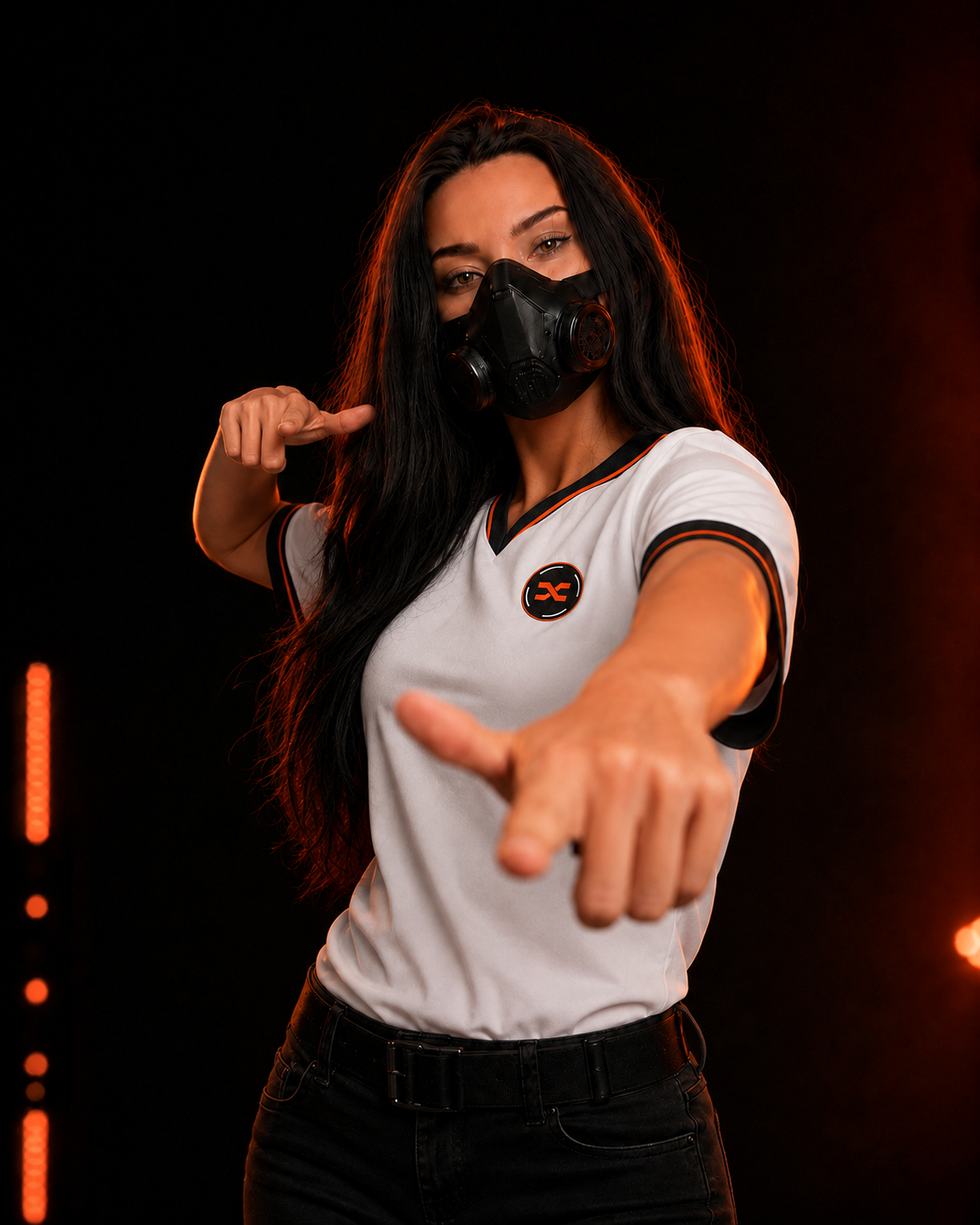 DALZYANI in a white XFACTION jersey and black mask, pointing toward the camera.